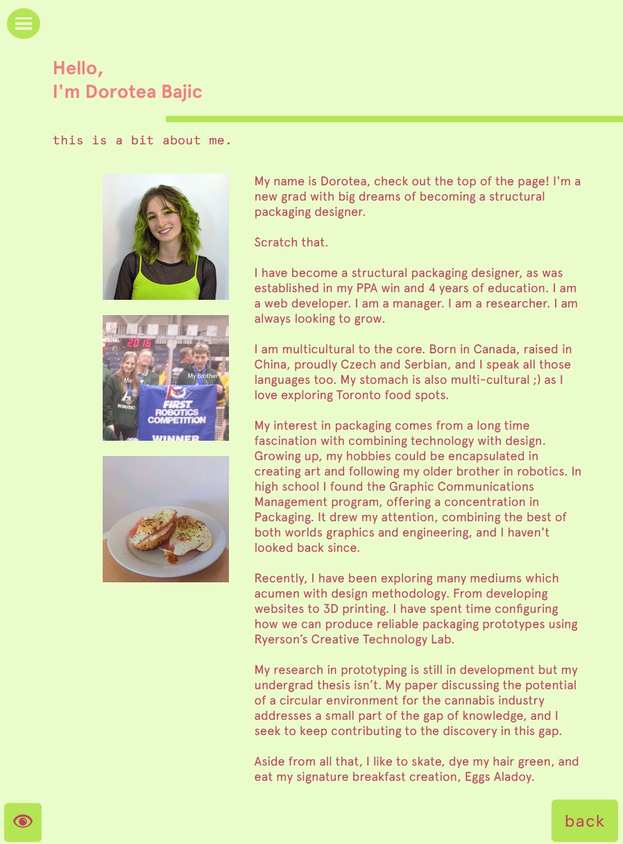 The old 'About Me' page repurposed the 'Big Smile on Hover' headshot image along with two static images. No hover effects within the text.